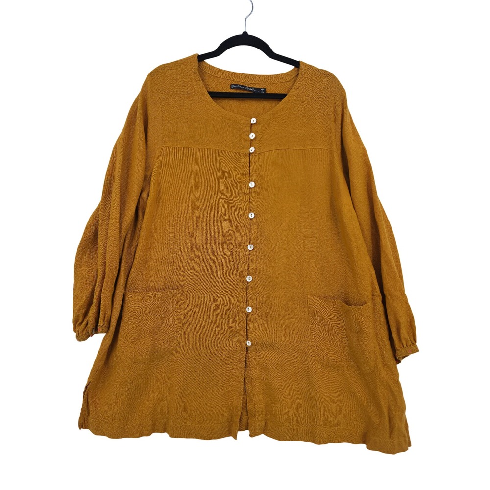 Gudrun Sjoden Mustard Yellow Linen Button Front Tunic Pocket Top Large Lagenlook